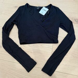 Forever 21 Black Cropped Faux-Wrap Long Sleeve Top